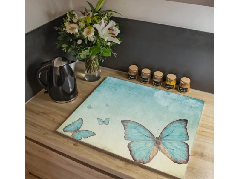 Banjado Herdabdeckplatte Glas 1 Teilig 60x52CM Schneidebrett Herdabdeckung Mit Motiv Blaue Schmetterlinge< Herde|Kochfelder