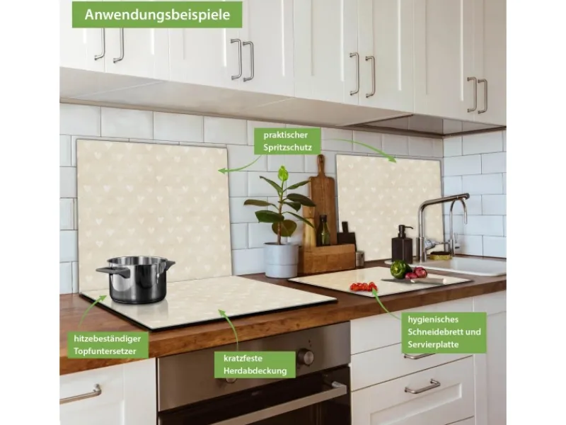 Banjado Herdabdeckplatte Glas 1 Teilig 60x52CM Schneidebrett Herdabdeckung Mit Motiv Beige Herzen< Schneidebretter|Herdabdeckungen