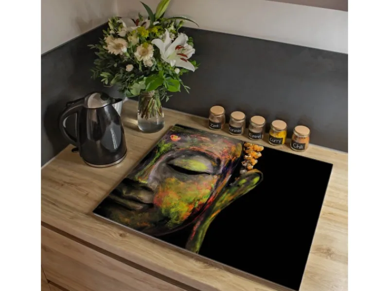 Banjado Herdabdeckplatte Glas 1 Teilig 60x52CM Schneidebrett Herdabdeckung Mit Motiv Bunter Buddha< Schneidebretter|Herdabdeckungen