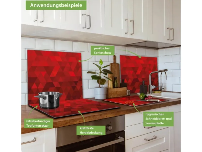 Banjado Schneidebretter|Herde<Herdabdeckplatte Glas 1 Teilig 60x52CM Schneidebrett Herdabdeckung Mit Motiv Dreiecke Rot