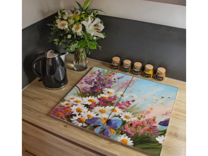 Online Banjado Herdabdeckplatte Glas 2 Teilig Je 30x52CM Schneidebrett Herdabdeckung Mit Motiv Sommerstrauss