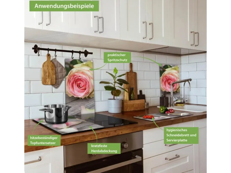 Discount Banjado Herdabdeckplatte Glas 2 Teilig Je 30x52CM Schneidebrett Herdabdeckung Mit Motiv Rosa Rose