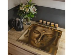 Banjado Herdabdeckplatte Glas 2 Teilig Je 30x52CM Schneidebrett Herdabdeckung Mit Motiv Buddha Gold< Schneidebretter|Herdabdeckungen