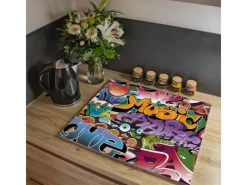 Hot Banjado Herdabdeckplatte Glas 1 Teilig 60x52CM Schneidebrett Herdabdeckung Mit Motiv Graffiti