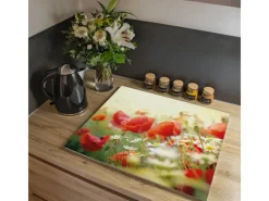 Banjado Herdabdeckplatte Glas 1 Teilig 60x52CM Schneidebrett Herdabdeckung Mit Motiv Kamille Und Mohn< Herdabdeckungen|Kochfelder