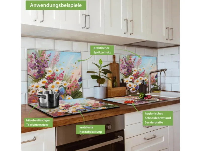 Banjado Herdabdeckplatte Glas 1 Teilig 60x52CM Schneidebrett Herdabdeckung Mit Motiv Sommerstrauss< Schneidebretter|Herdabdeckungen