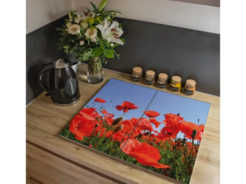 Banjado Herdabdeckplatte Glas 2 Teilig Je 30x52CM Schneidebrett Herdabdeckung Mit Motiv Mohnblumen
