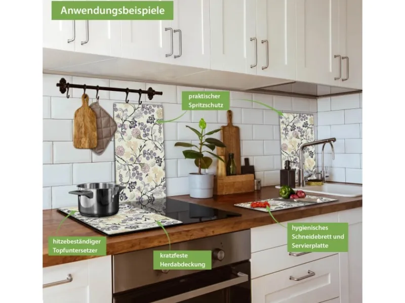 Banjado Herdabdeckplatte Glas 2 Teilig Je 30x52CM Schneidebrett Herdabdeckung Mit Motiv Florale Tapete< Herde|Kochfelder
