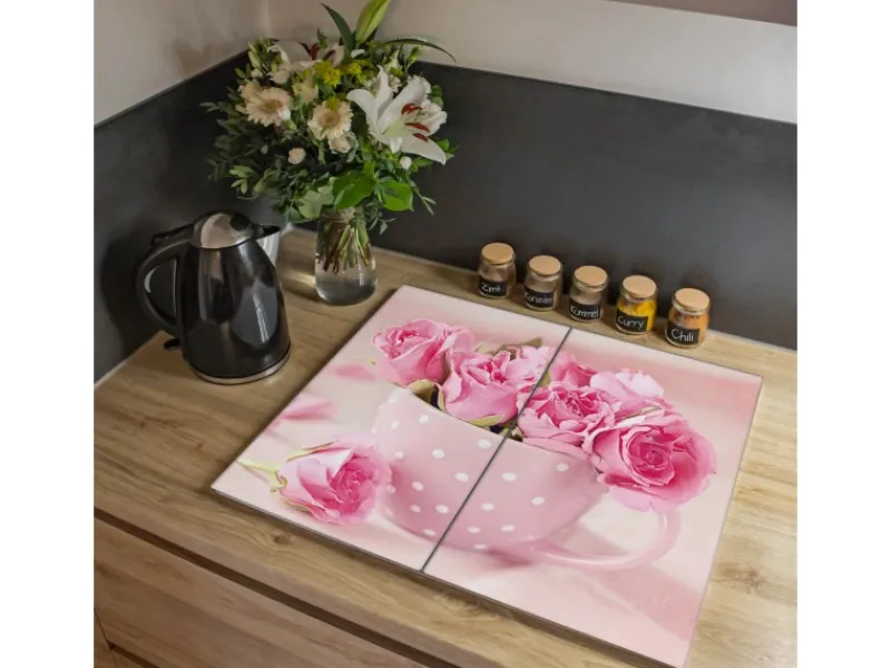 Sale Banjado Herdabdeckplatte Glas 2 Teilig Je 30x52CM Schneidebrett Herdabdeckung Mit Motiv Tasse Voll Rosen