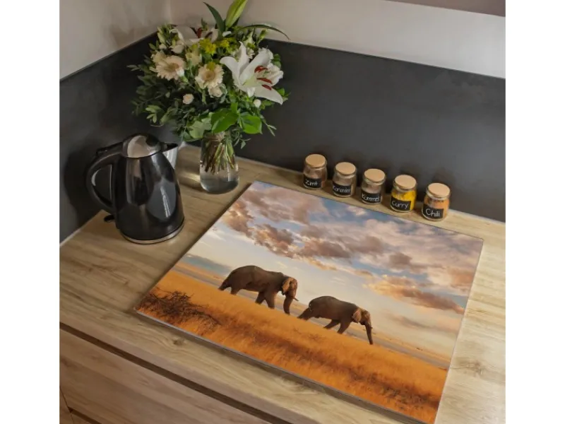 Hot Banjado Herdabdeckplatte Glas 1 Teilig 60x52CM Schneidebrett Herdabdeckung Mit Motiv Elefanten
