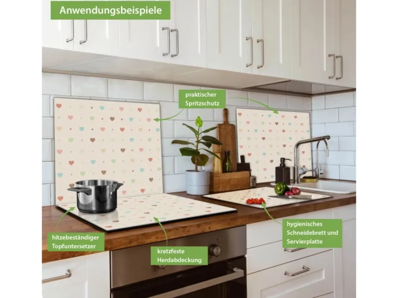 Outlet Banjado Herdabdeckplatte Glas 1 Teilig 60x52CM Schneidebrett Herdabdeckung Mit Motiv Herzen Bunt