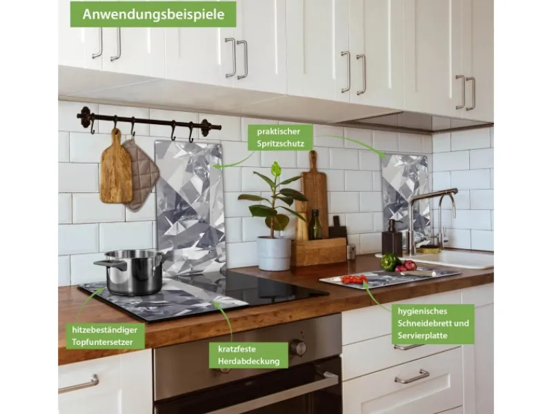 Banjado Herdabdeckplatte Glas 2 Teilig Je 30x52CM Schneidebrett Herdabdeckung Mit Motiv Facetten Monochrome< Herde|Kochfelder