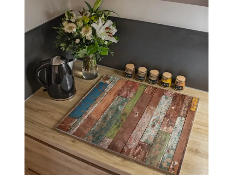 Outlet Banjado Herdabdeckplatte Glas 1 Teilig 60x52CM Schneidebrett Herdabdeckung Mit Motiv Buntes Holz