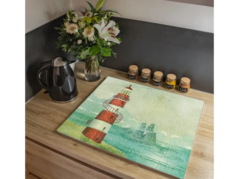 Banjado Schneidebretter|Herdabdeckungen<Herdabdeckplatte Glas 1 Teilig 60x52CM Schneidebrett Herdabdeckung Mit Motiv Alter Leuchtturm