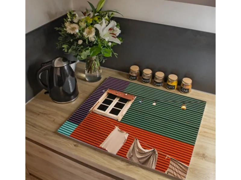 Online Banjado Herdabdeckplatte Glas 1 Teilig 60x52CM Schneidebrett Herdabdeckung Mit Motiv Buntes Haus