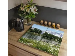 New Banjado Herdabdeckplatte Glas 2 Teilig Je 30x52CM Schneidebrett Herdabdeckung Mit Motiv Bergidylle