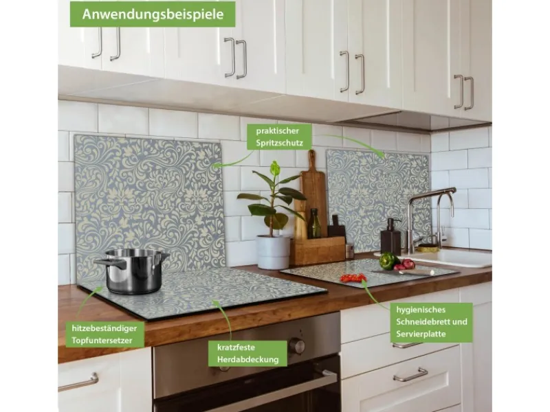 Hot Banjado Herdabdeckplatte Glas 1 Teilig 60x52CM Schneidebrett Herdabdeckung Mit Motiv Blaues Ornament