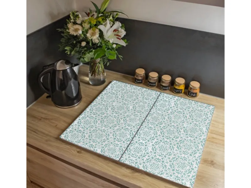 Online Banjado Herdabdeckplatte Glas 2 Teilig Je 30x52CM Schneidebrett Herdabdeckung Mit Motiv Muster Getupft Blau