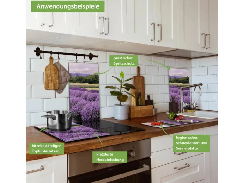 Banjado Schneidebretter|Herdabdeckungen<Herdabdeckplatte Glas 2 Teilig Je 30x52CM Schneidebrett Herdabdeckung Mit Motiv Lavendel 1