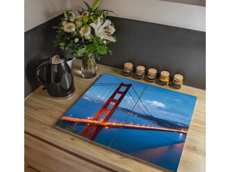 Banjado Schneidebretter|Herdabdeckungen<Herdabdeckplatte Glas 2 Teilig Je 30x52CM Schneidebrett Herdabdeckung Mit Motiv Golden Gate Bridge