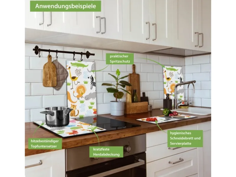 Banjado Herdabdeckplatte Glas 2 Teilig Je 30x52CM Schneidebrett Herdabdeckung Mit Motiv Fröhliche Tiere< Herde|Kochfelder