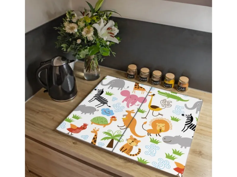 Banjado Herdabdeckplatte Glas 2 Teilig Je 30x52CM Schneidebrett Herdabdeckung Mit Motiv Fröhliche Tiere< Herde|Kochfelder