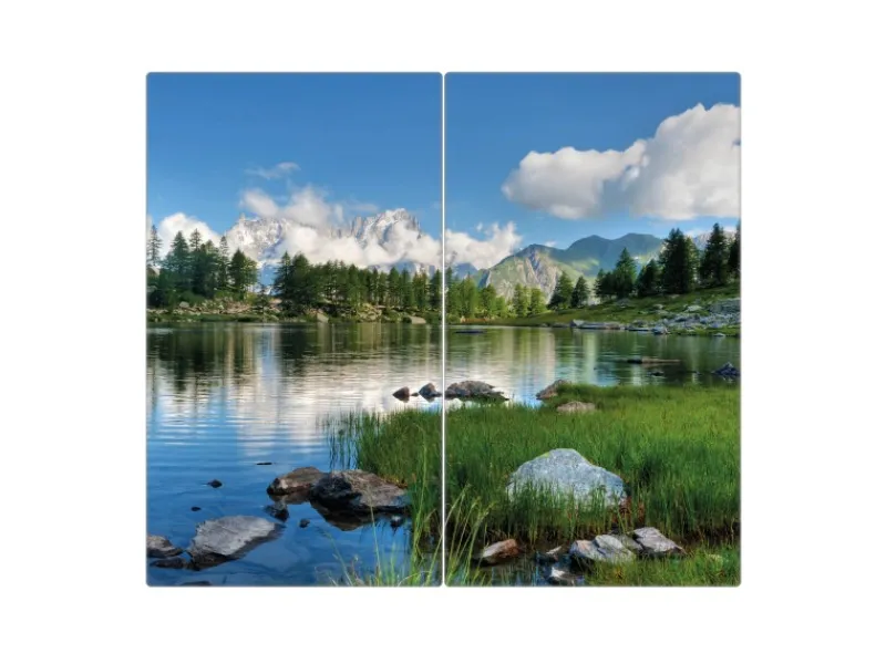 Banjado Herdabdeckplatte Glas 2 Teilig Je 30x52CM Schneidebrett Herdabdeckung Mit Motiv Gebirgssee
