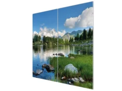 Banjado Herdabdeckplatte Glas 2 Teilig Je 30x52CM Schneidebrett Herdabdeckung Mit Motiv Gebirgssee