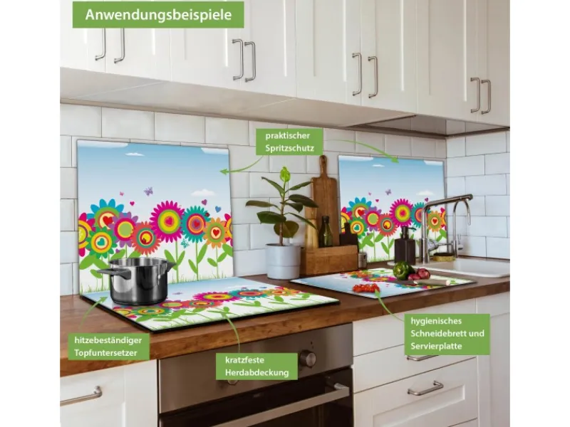 Banjado Herdabdeckplatte Glas 1 Teilig 60x52CM Schneidebrett Herdabdeckung Mit Motiv Bunte Blumen< Herdabdeckungen|Herde
