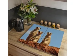 Banjado Herdabdeckplatte Glas 2 Teilig Je 30x52CM Schneidebrett Herdabdeckung Mit Motiv Erdmännchenfamilie< Schneidebretter|Herdabdeckungen