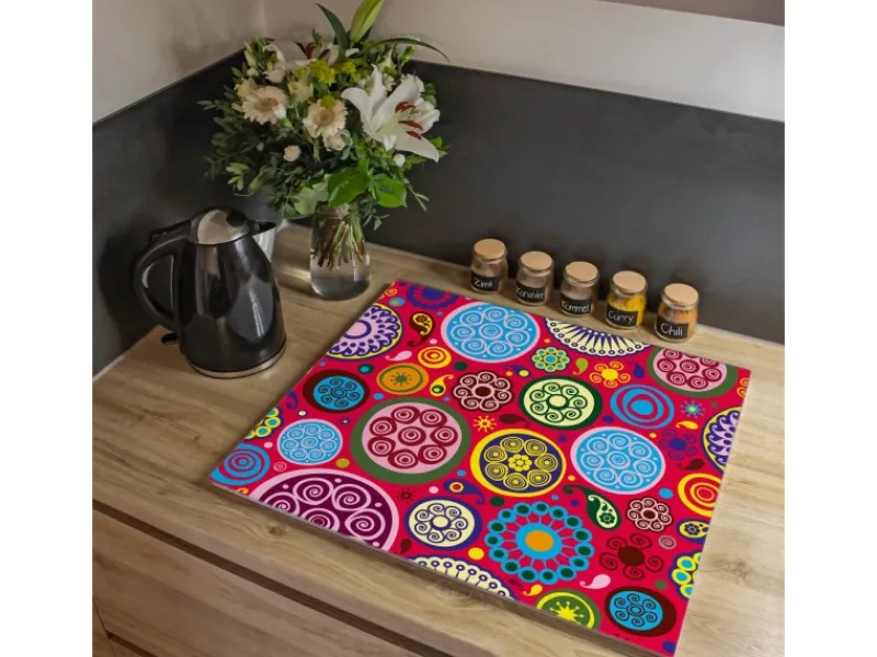 Banjado Herdabdeckplatte Glas 1 Teilig 60x52CM Schneidebrett Herdabdeckung Mit Motiv Retro Kreise
