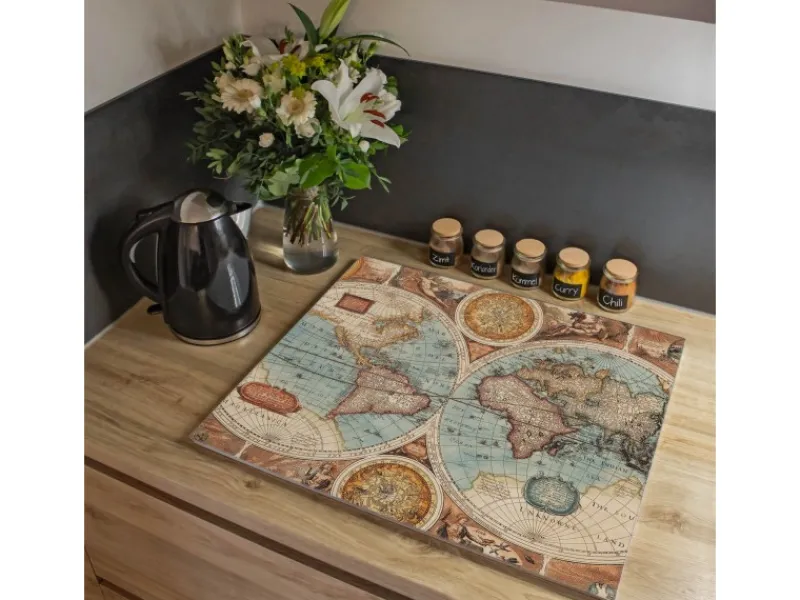 Outlet Banjado Herdabdeckplatte Glas 1 Teilig 60x52CM Schneidebrett Herdabdeckung Mit Motiv Historische Weltkarte