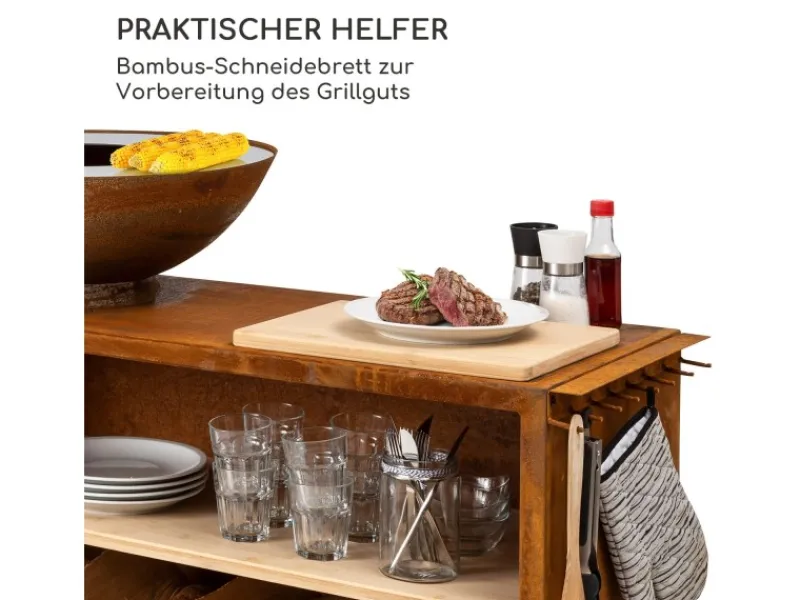 Schneidebretter<Blumfeldt Savage 2.0 Wide Feuerschale Grill Bambus-Schneidebrett Wetterschutz Braun