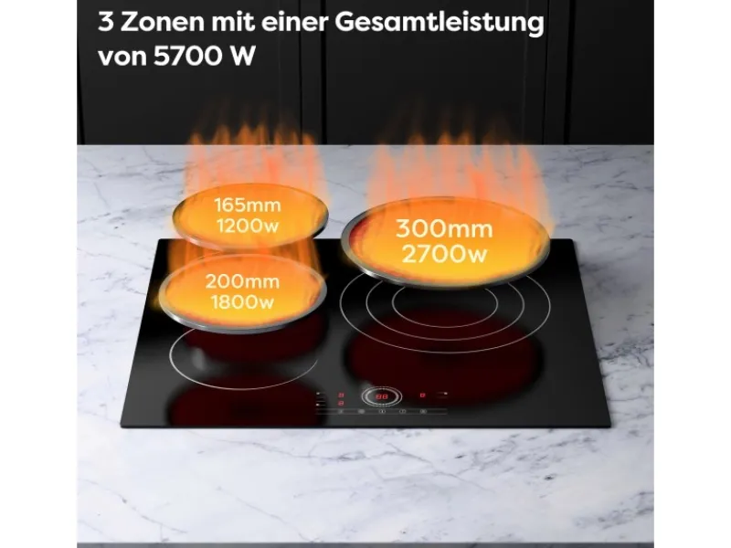 Outlet CDV Glaskeramik-Kochfeld 60 cm 3 Zonen 9 Stufen 5700 W CDVER573
