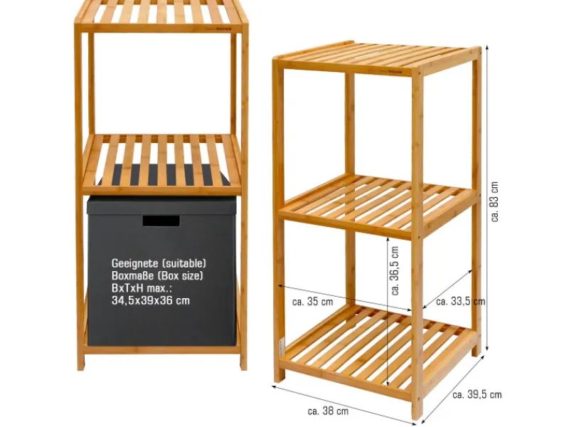 DuneDesign Küchenregale<Badezimmer-Regal 83 x 38 x 40 cm mit 3 Fächern aus Bambus