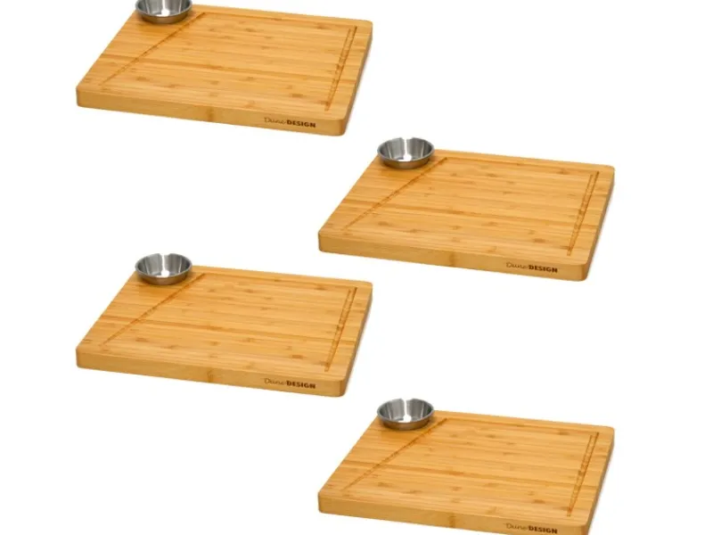 DuneDesign 4er Set Schneidebrett aus Bambus 30 x 25 cm mit Dipschale< Küchenhelfer