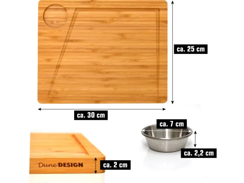 DuneDesign 4er Set Schneidebrett aus Bambus 30 x 25 cm mit Dipschale< Küchenhelfer