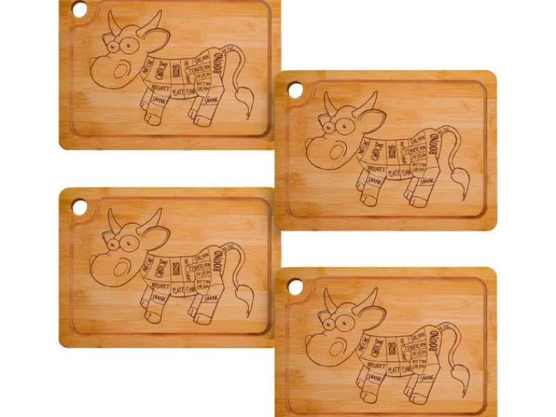 Outlet DuneDesign 4er Set Steakteller aus Bambus 33 x 23 x 2cm Motiv Comic-Kuh