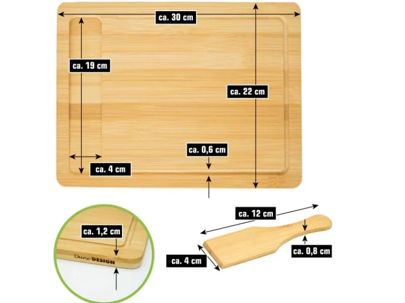 DuneDesign Schneidebretter<Raclettebrett mit Spachtel für 2 Personen 30 x 22 cm aus Bambus