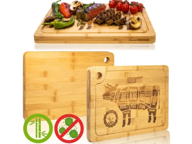 DuneDesign Schneidebretter|Küchenhelfer<Schneidebrett aus Bambus 2er Set 33 x 23 x 2 cm mit Saftrille