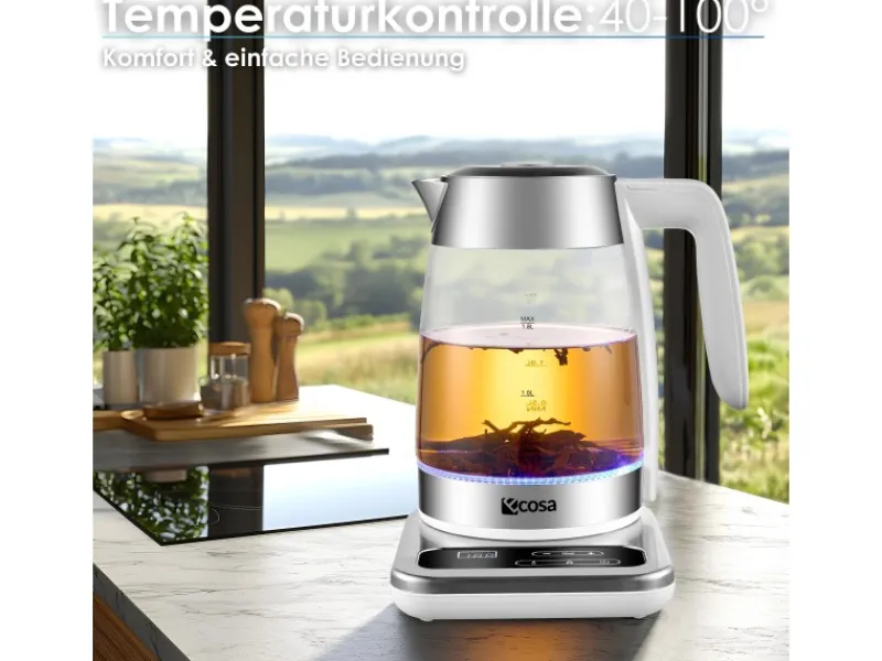Ecosa Haushaltsgeräte<EO-695 Teekocher mit Temperatureinstellung BPA-Frei 1,8L 2200 Watt Weiß