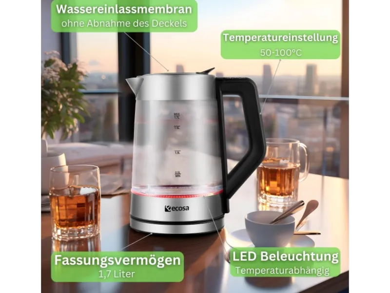 Clearance Ecosa EO-660 Wasserkocher mit Temperatureinstellung Easy Fill Deckel 1,7 L