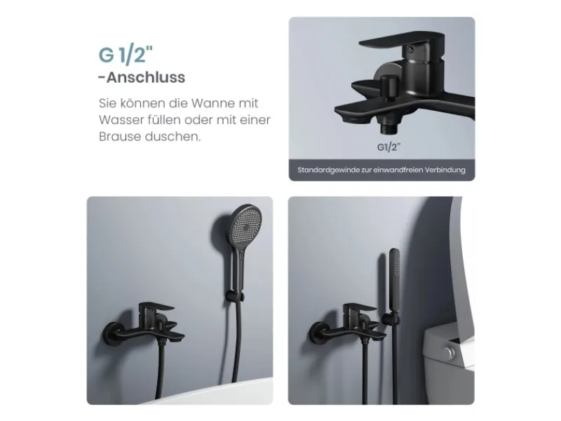Best Emke Badarmatur für Badewannen Schwarz mit Auslauf Wannenarmatur Einhebelmischer Brausebatterie