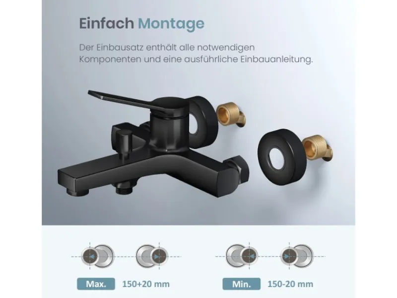 Einhebelmischer<Emke Badewannenarmatur Schwarz mit Auslauf Mischbatterie Badewanne Brausebatterie Einhand Wannenbatterie