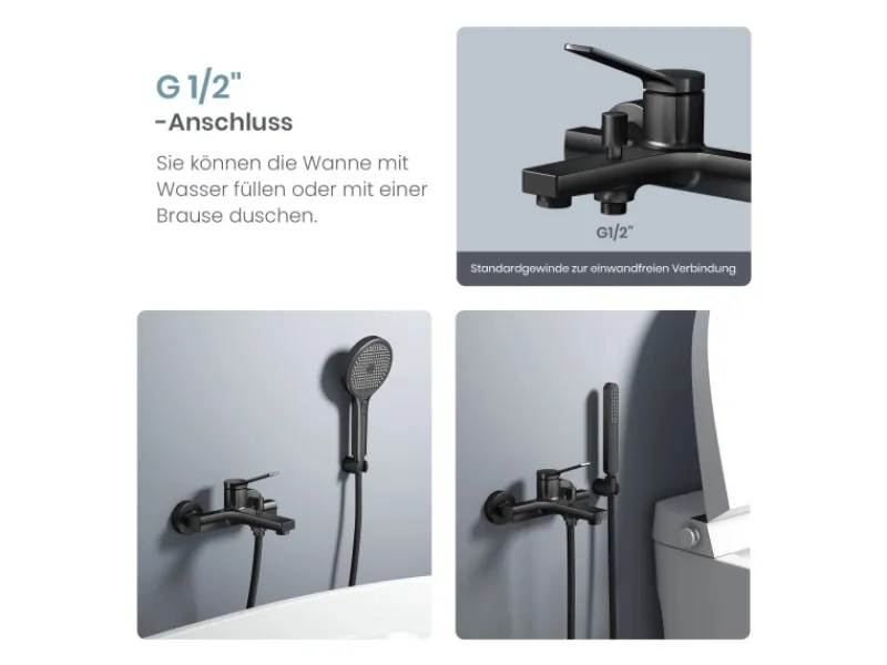 Einhebelmischer<Emke Badewannenarmatur Schwarz mit Auslauf Mischbatterie Badewanne Brausebatterie Einhand Wannenbatterie