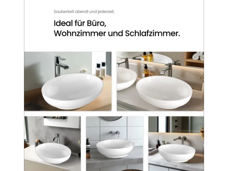 Emke Handwaschbecken 52 x 39,5 x 13 cm Ovales Keramikwaschbecken Weiß Glänzend< Einhebelmischer