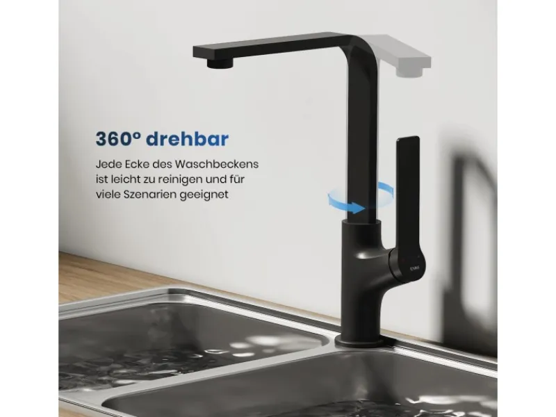 New Emke Küchenarmatur Schwarz Matt im Ultradünnen Design 30x22x10 cm Küchenarmatur Drehbar Wasserhahn