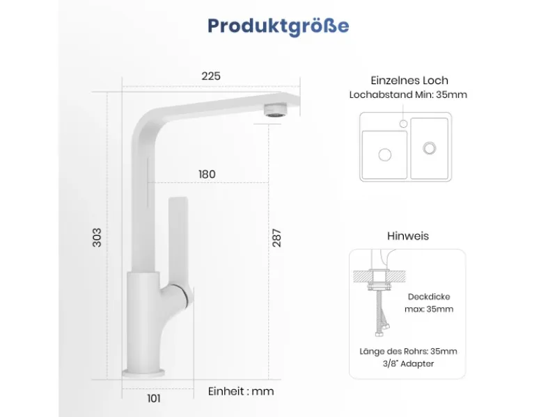 Outlet Emke Küchenarmatur Weiß Matt im Ultradünnen Design 30x22x10 cm Küchenarmatur Drehbar Wasserhahn