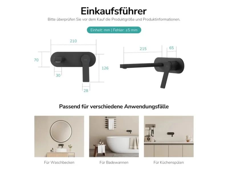 Emke Wand Waschtischarmatur Inklusive Grundkörper 288 x 210 x 70 mm Schwarz Mischbatterie für Waschbecken< Einhebelmischer