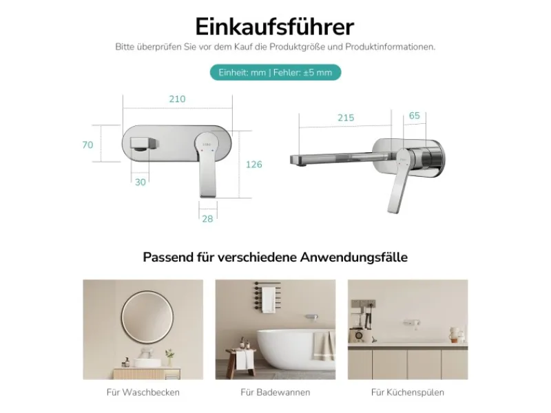 Einhebelmischer<Emke Wand Waschtischarmatur Inklusive Grundkörper 288 x 210 x 70 mm Verchromt Mischbatterie für Waschbecken